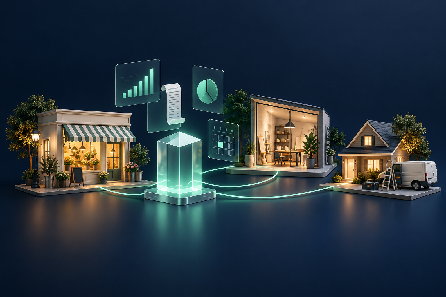 Illustration of a storefront, studio, and home-service business connected to a central intelligence hub.